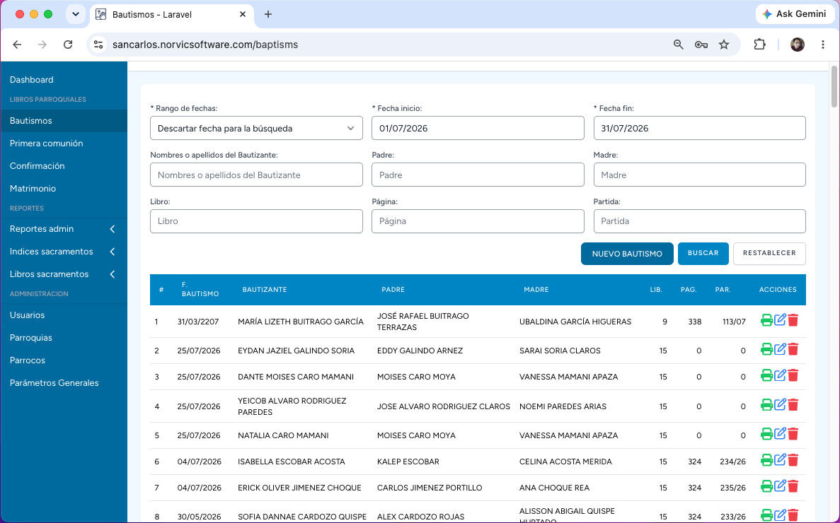 Sistema ISAP - Módulo de Bautismos, software para iglesias en Bolivia
